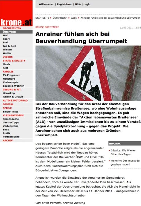 Krone (21.02.2011) - Anrainer fühlen sich bei Bauverhandlung überrumpelt © WBV-GPA